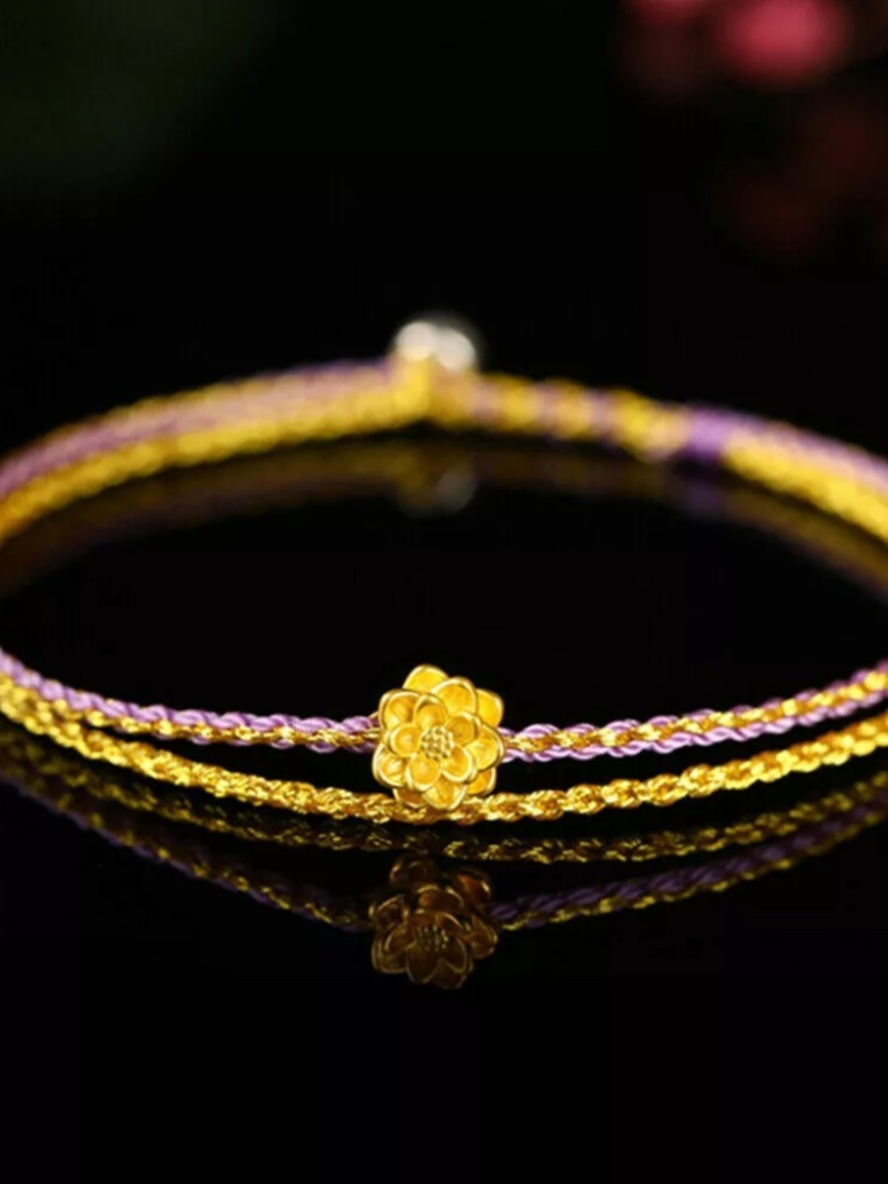 Pure 999 24K Yellow Gold 3D Lucky Lotus Woven Bracelet Woman Gift